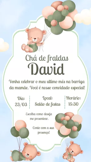 Convite Chá de Fraldas Ursinho com Balões para Editar Online