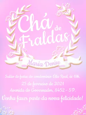 Convite Chá de Fraldas Rosa com Louros para Editar Online
