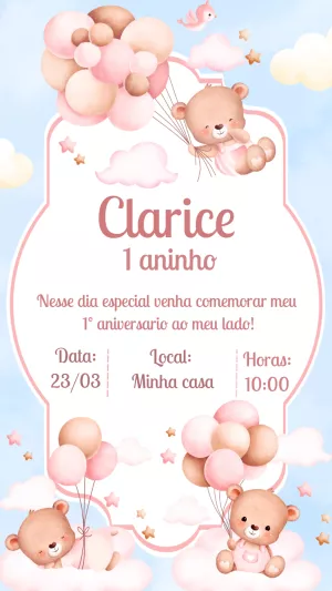 Convite de Aniversário Ursinha Baloeira para Editar Online