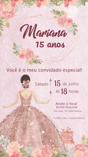 Convite de 15 Anos Princesa Floral para Editar Online