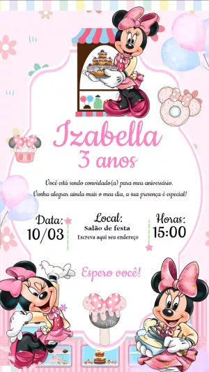 Convite Aniversário Confeitaria da Minnie para Editar Online