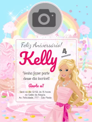 Convite de Aniversário Barbie com Foto para Editar Online