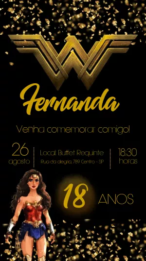 Convite Aniversário Mulher Maravilha Dourado para Editar Online