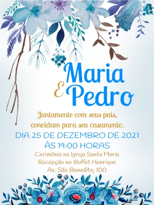 Convite de Casamento Floral Azul Aquarela para Editar Online