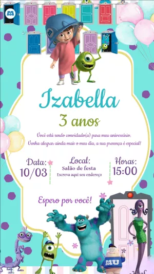 Convite de Aniversário Monstros S.A. para Editar Online