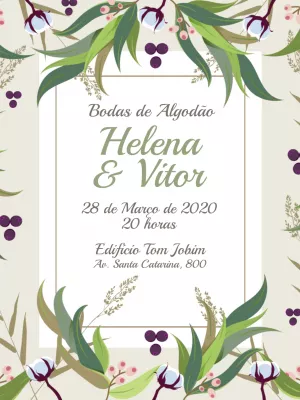 Convite Bodas de Algodão Floral para Editar Online