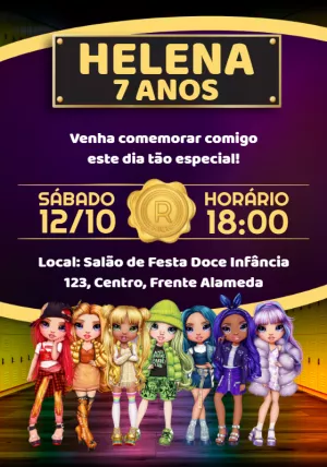 Convite Aniversário Rainbow High com as Bonecas para Editar