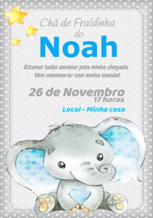 Convite Chá de Fraldas Elefantinho Aquarela para Editar Online