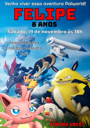 Convite de Aniversário Palworld com Personagens para Editar