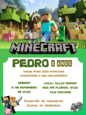 Convite de Aniversário Minecraft com Personagens para Editar