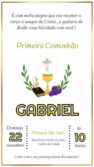 Convite Primeira Comunhão com Cálice e Hóstia para Editar Online