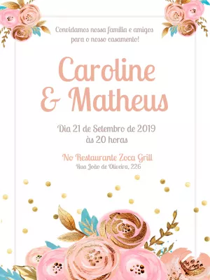 Convite de Casamento Floral Aquarela Rosa e Dourado para Editar