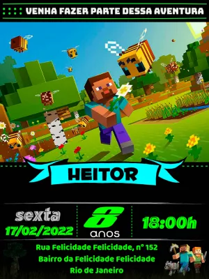 Convite de Aniversário Minecraft com Personagens para Editar