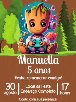 Convite Aniversário Baby Groot Gamer para Editar Online