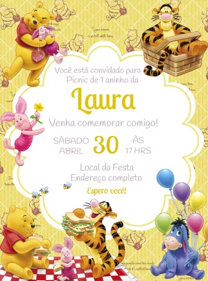 Convite Aniversário Ursinho Pooh e Amigos para Editar Online