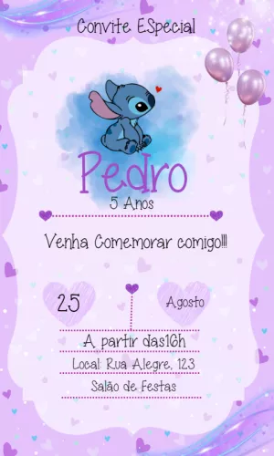 Convite de Aniversário Stitch Fofo para Editar Online