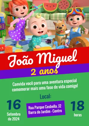 Convite de Aniversário Cocomelon com Personagens para Editar
