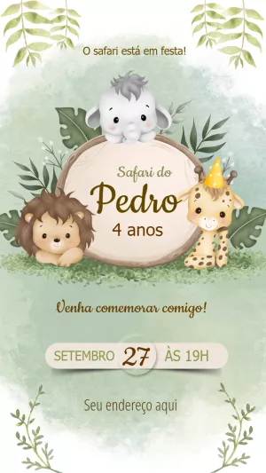 Convite Aniversário Safari com Animais Fofos para Editar