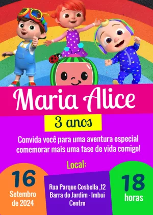 Convite de Aniversário Cocomelon com Personagens para Editar