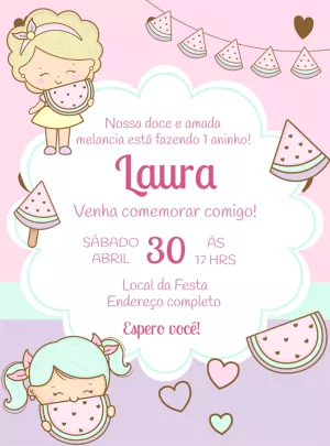 Convite Aniversário Melancia com Menina Fofa para Editar Online