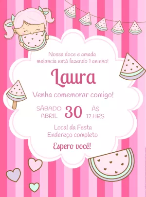 Convite Aniversário Melancia Menina para Editar Online