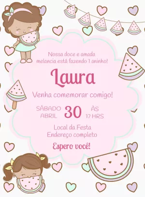 Convite Aniversário Melancia Menina para Editar Online