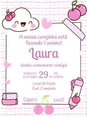 Convite de Aniversário Cerejinha Kawaii para Editar Online