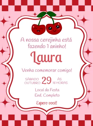 Convite de Aniversário Cerejinha para Editar e Personalizar