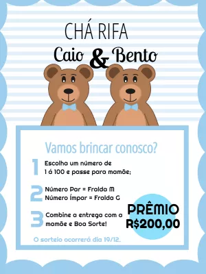 Convite Chá Rifa Ursinhos Gêmeos para Editar Online