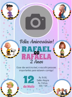 Convite de Aniversário Snoopy e Turma com Foto para Editar