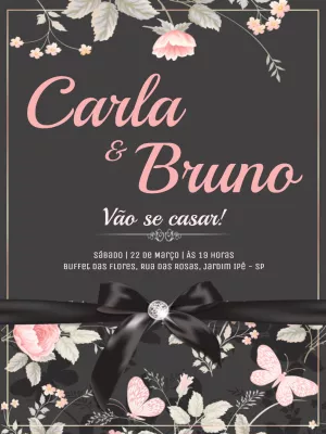 Convite de Casamento Floral Preto e Rosa para Editar Online
