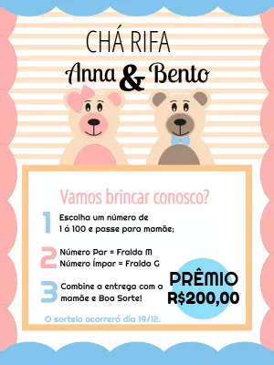 Convite Chá Rifa Ursinhos Gêmeos para Editar Online