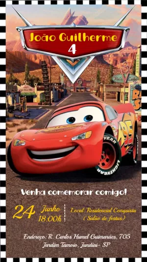 Convite de Aniversário Carros Relâmpago McQueen para Editar