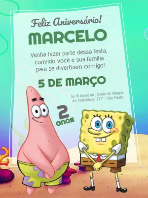 Convite de Aniversário Bob Esponja e Patrick para Editar Online