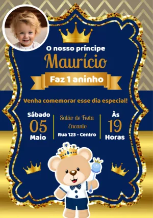 Convite de Aniversário Ursinho Príncipe com Foto para Editar