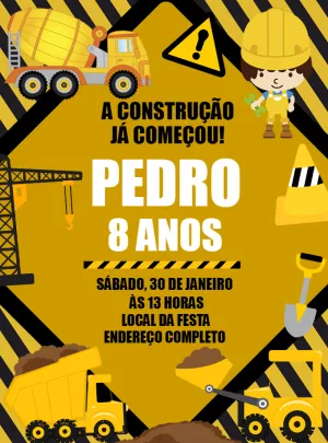 Convite de Aniversário Construção com Trator para Editar Online