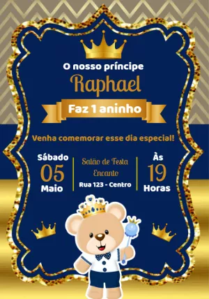 Convite Aniversário Ursinho Príncipe Editável Online