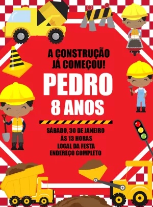 Convite Aniversário Construção com Tratores para Editar Online