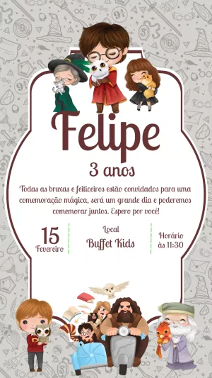 Convite Aniversário Harry Potter com Personagens para Editar