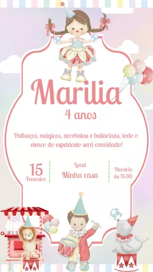 Convite de Aniversário Circo Aquarela para Editar Online