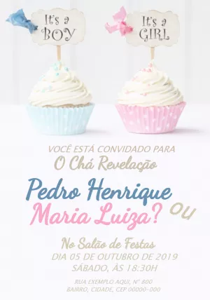 Convite Chá Revelação Cupcakes Azul e Rosa para Editar Online
