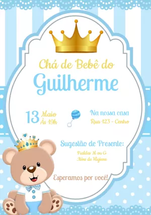 Convite Chá de Bebê Ursinho Príncipe Azul para Editar Online