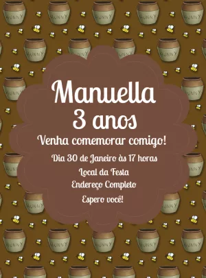 Convite de Aniversário Ursinho Pooh com Mel para Editar Online