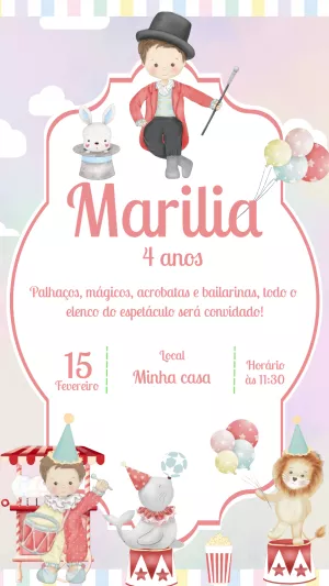 Convite Aniversário Circo Aquarela com Personagens para Editar
