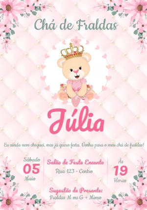 Convite Chá de Fraldas Ursinha Princesa para Editar Online