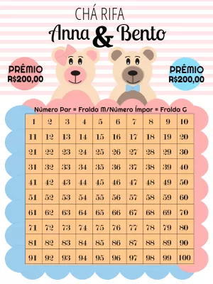 Chá Rifa Ursinhos Gêmeos Editável para Chá de Bebê