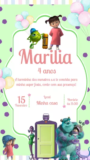 Convite de Aniversário Monstros S.A. com Personagens para Editar