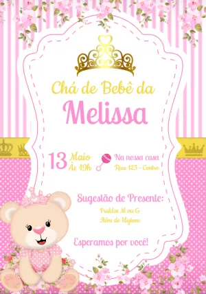 Convite Chá de Bebê Ursinha Princesa Rosa para Editar Online