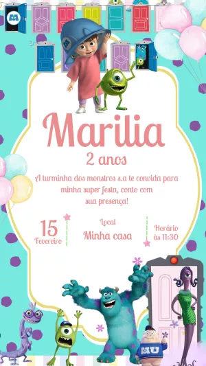 Convite Aniversário Monstros SA com Personagens para Editar