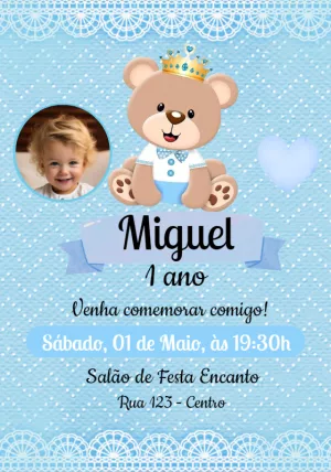 Convite Aniversário Ursinho Príncipe com Foto para Editar